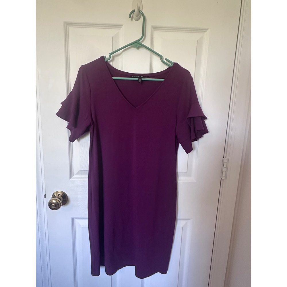 White House Black Market Plum Purple V-Neck Tiered Ruffle Sleeve Shift Dress M